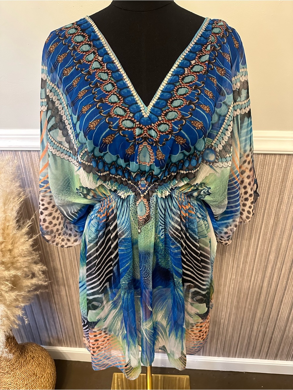 Peacock Print Kaftan Dress One Size Blue Boho Beach Cover Up Tunic Cruise Resort - Picture 2 of 9